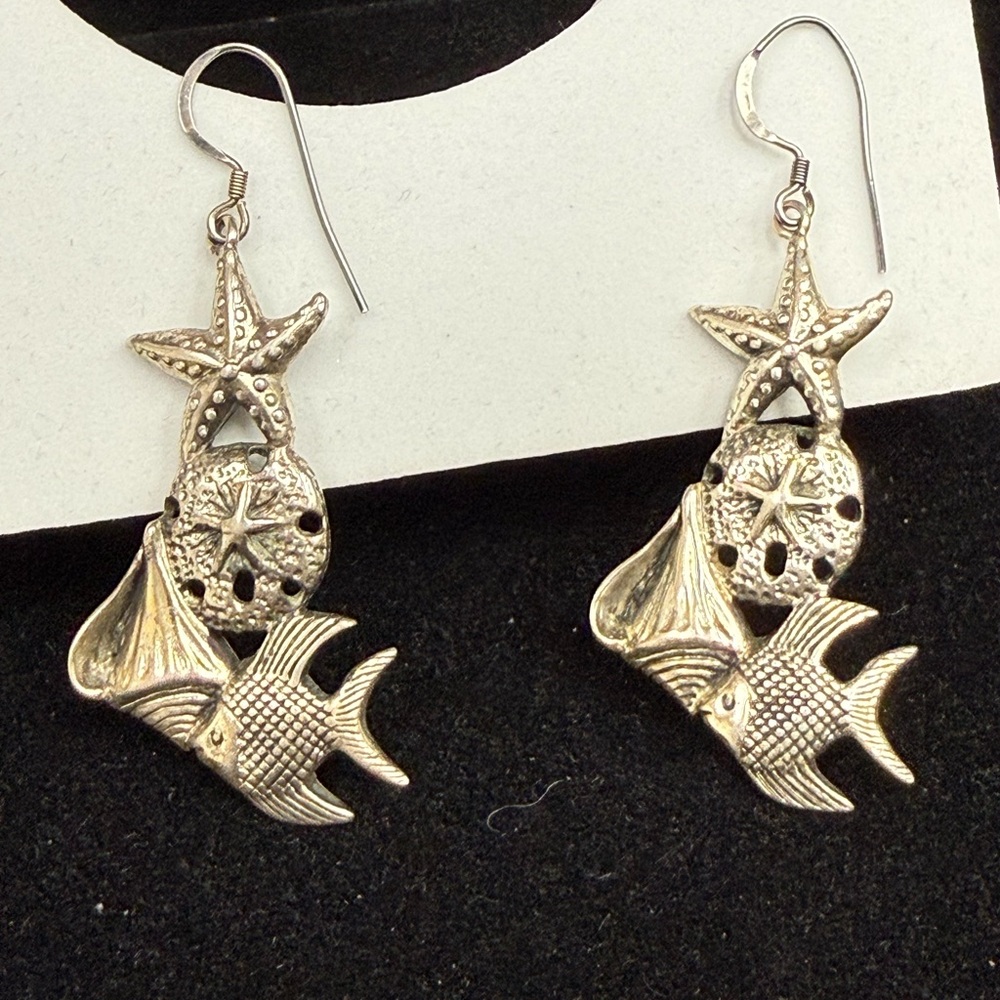 Vintage Sterling Sea Life Dangle Earrings - Fish, Starfish, Sea Shell Design